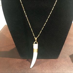 Gold necklace with horn pendant.